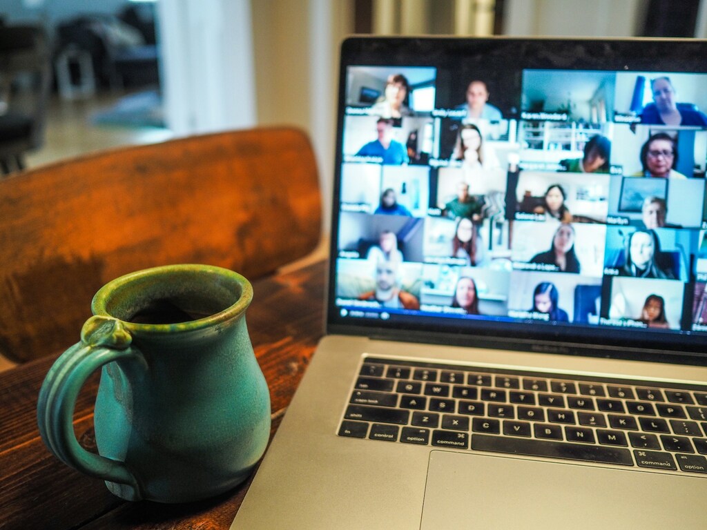 Video call setup with woman presenting content calendar and brand strategy